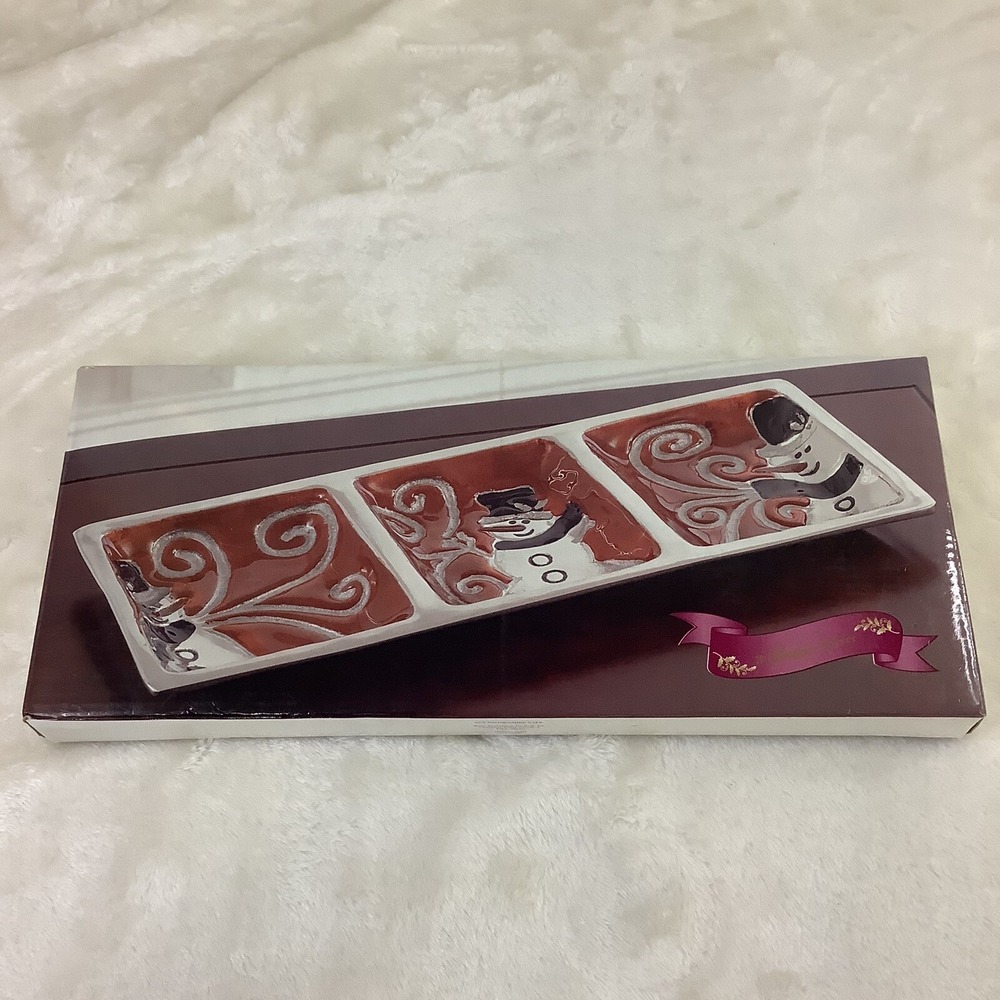 Vintage Belk 3 Section Snowman Serving Dish Christmas